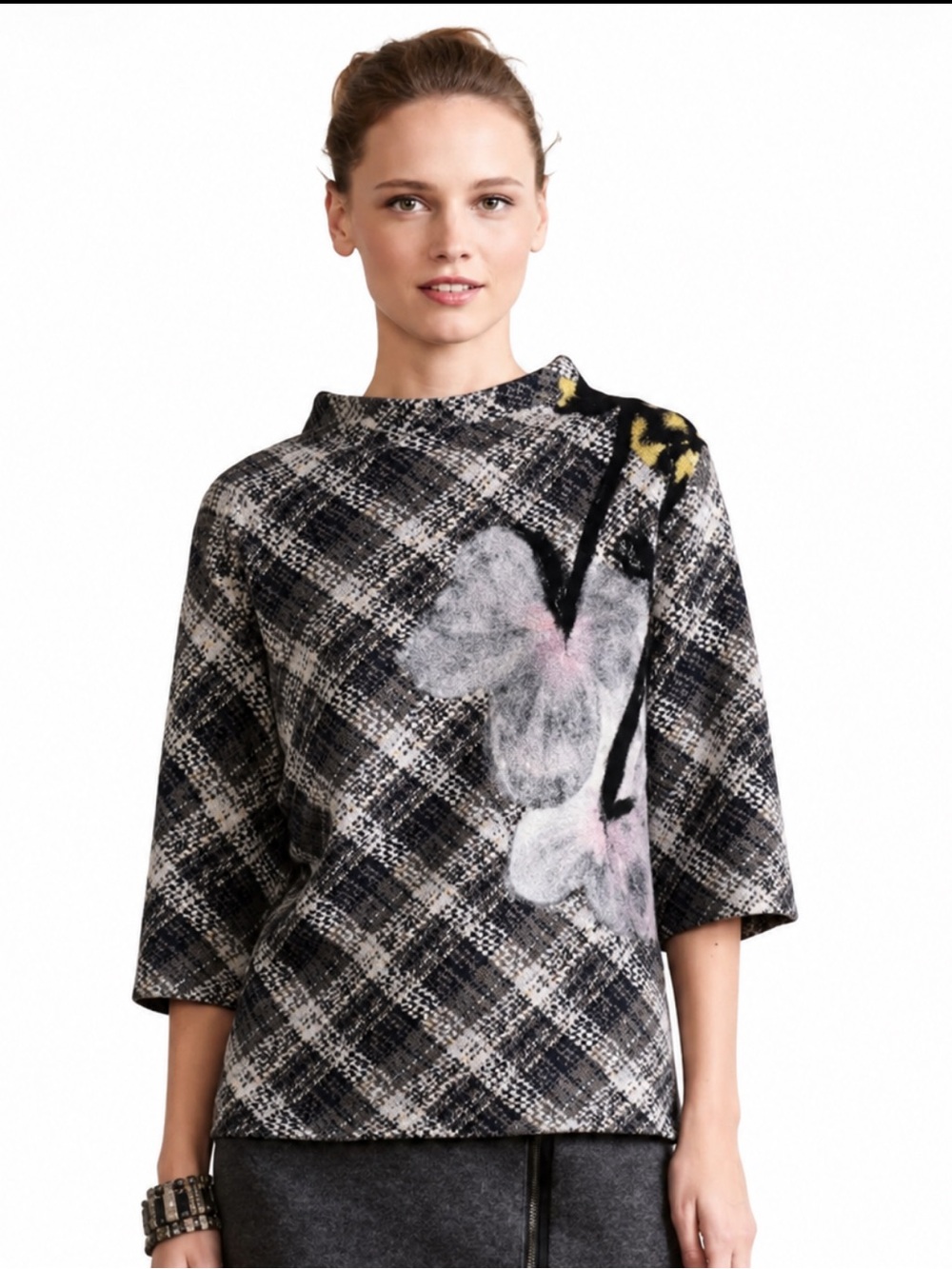 Anthropologie Troubadour Floral Petal Plaid Sweater Wool Blend Medium EUC!